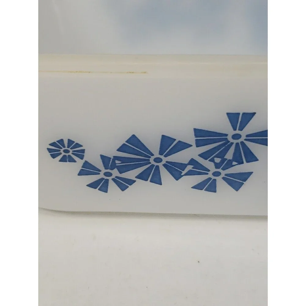 Vintage 1950s Glasbake J522 Loaf Pan Milk Glass Star Snowflake Blue Design MCM